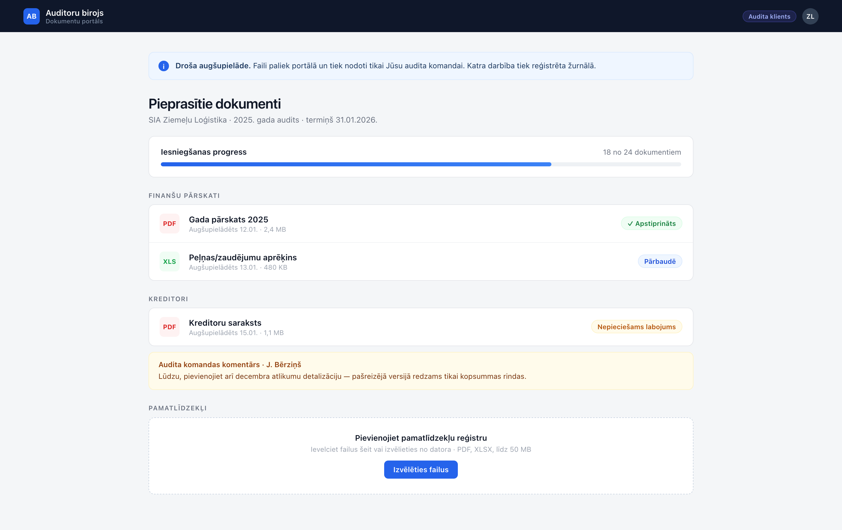 Dokumentu pieprasījumu platformas saskarne — pieprasījumu saraksts pa kategorijām ar statusiem (UI atveidojums)